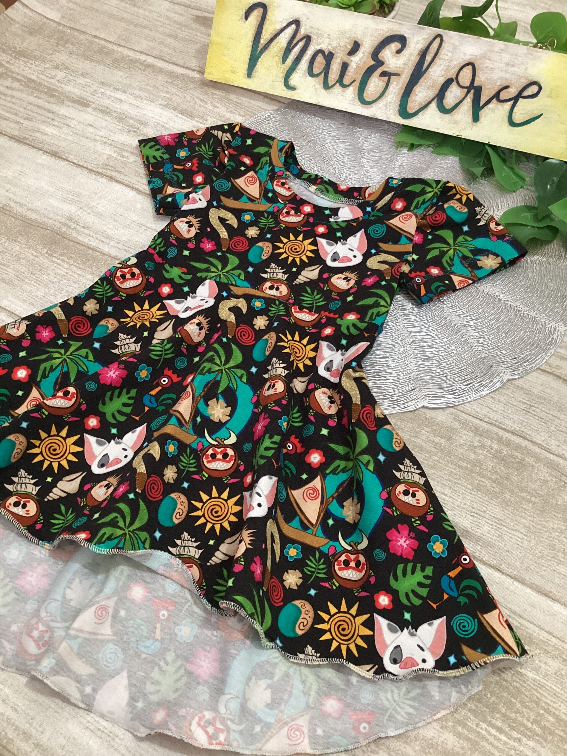 Vestido 1/3 años. Punto camisera.  Vaiana. Manga corta. Falda con caída - 2