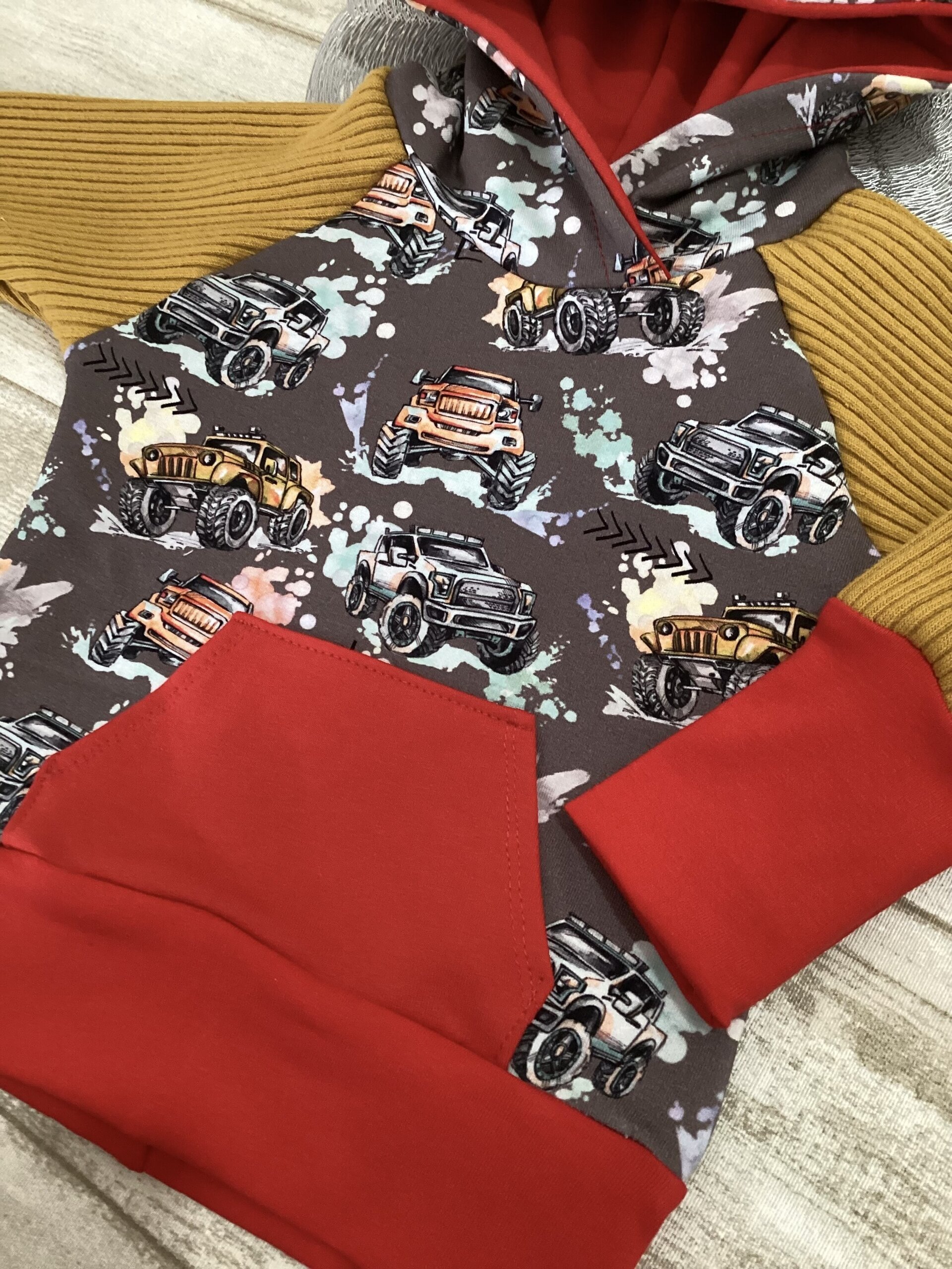 Sudadera 3/12 meses. French terry. Coches. Camionetas. Bolsillo y capucha. - 3